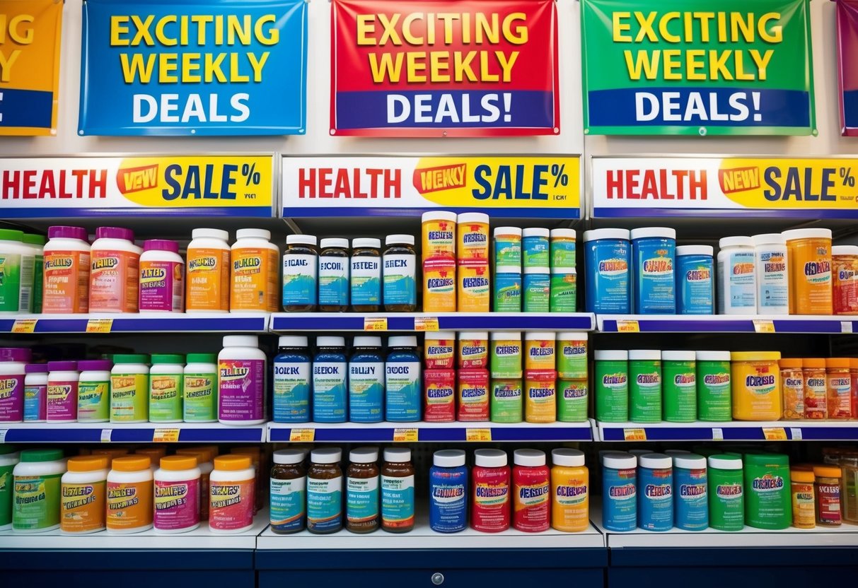 A vibrant display of health products on sale, surrounded by colorful banners and signs advertising exciting weekly deals
