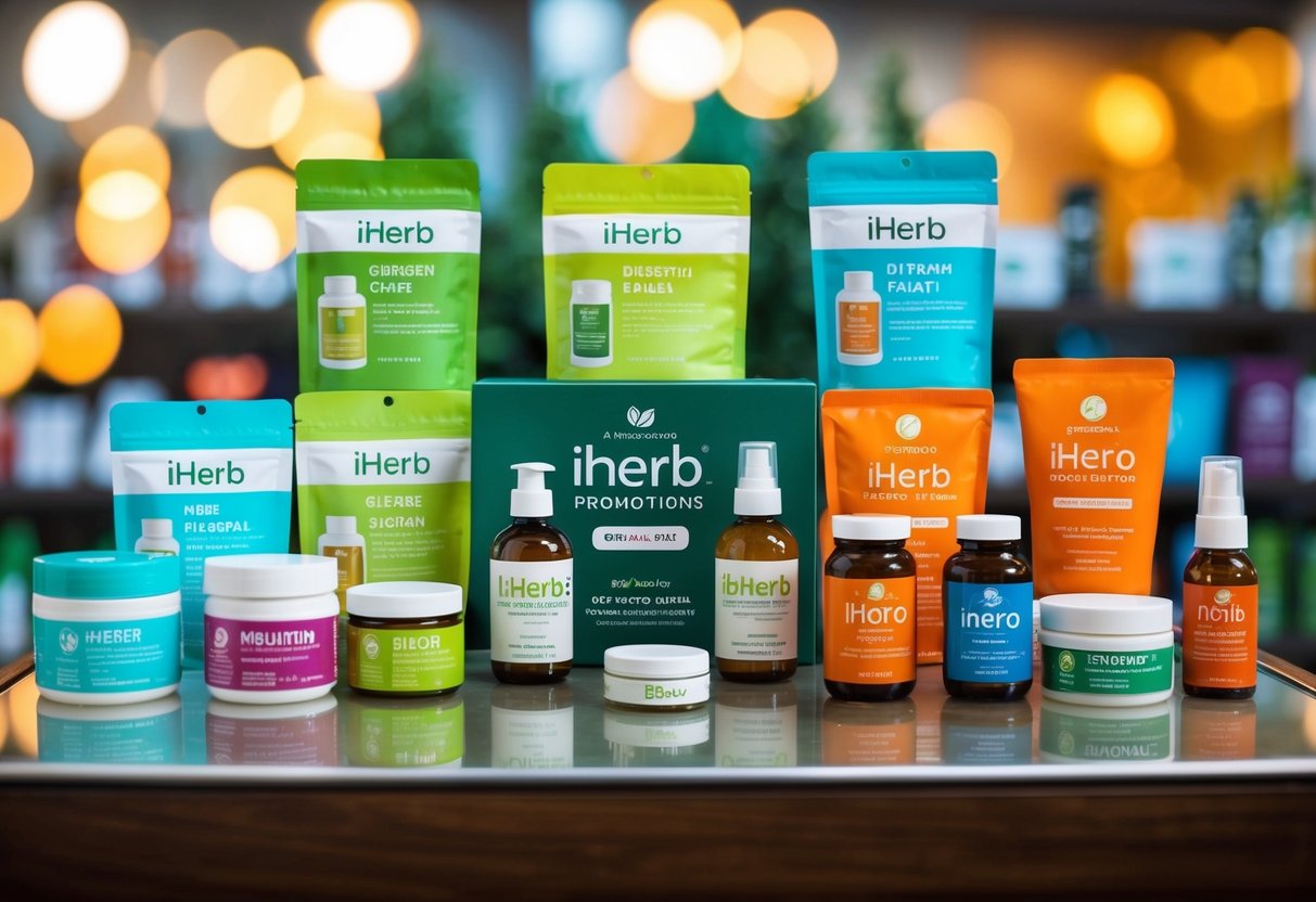 A colorful display of seasonal iHerb promotions featuring various products and discounts