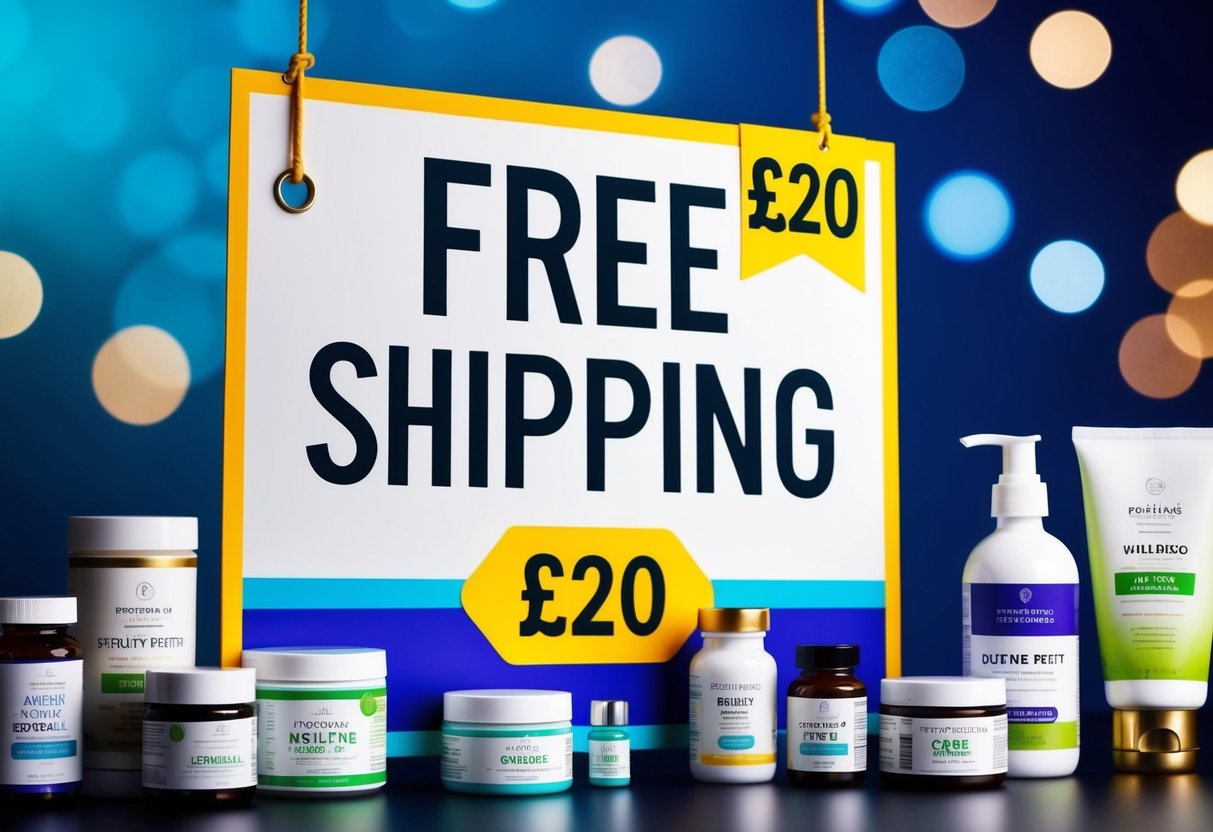 A colorful banner with a large "Free Shipping" label above a £20 price tag, surrounded by various health and wellness products