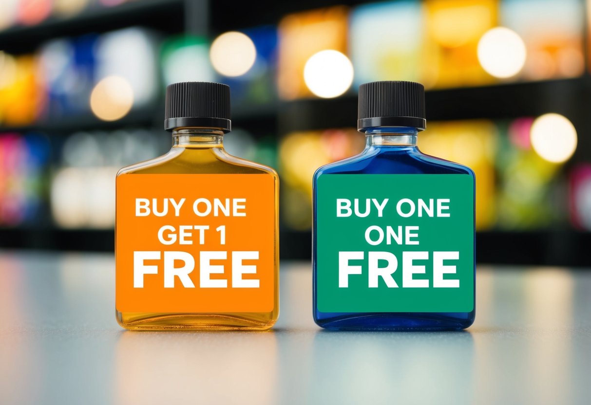 Two products sit side by side, one with a prominent "Buy One Get One Free" label. Bright, attention-grabbing colors draw the eye to the special offer