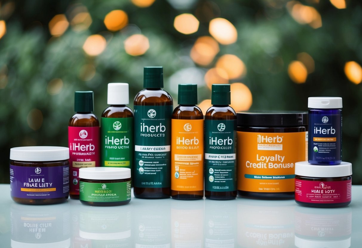 A colorful display of iHerb products with loyalty credit bonuses highlighted