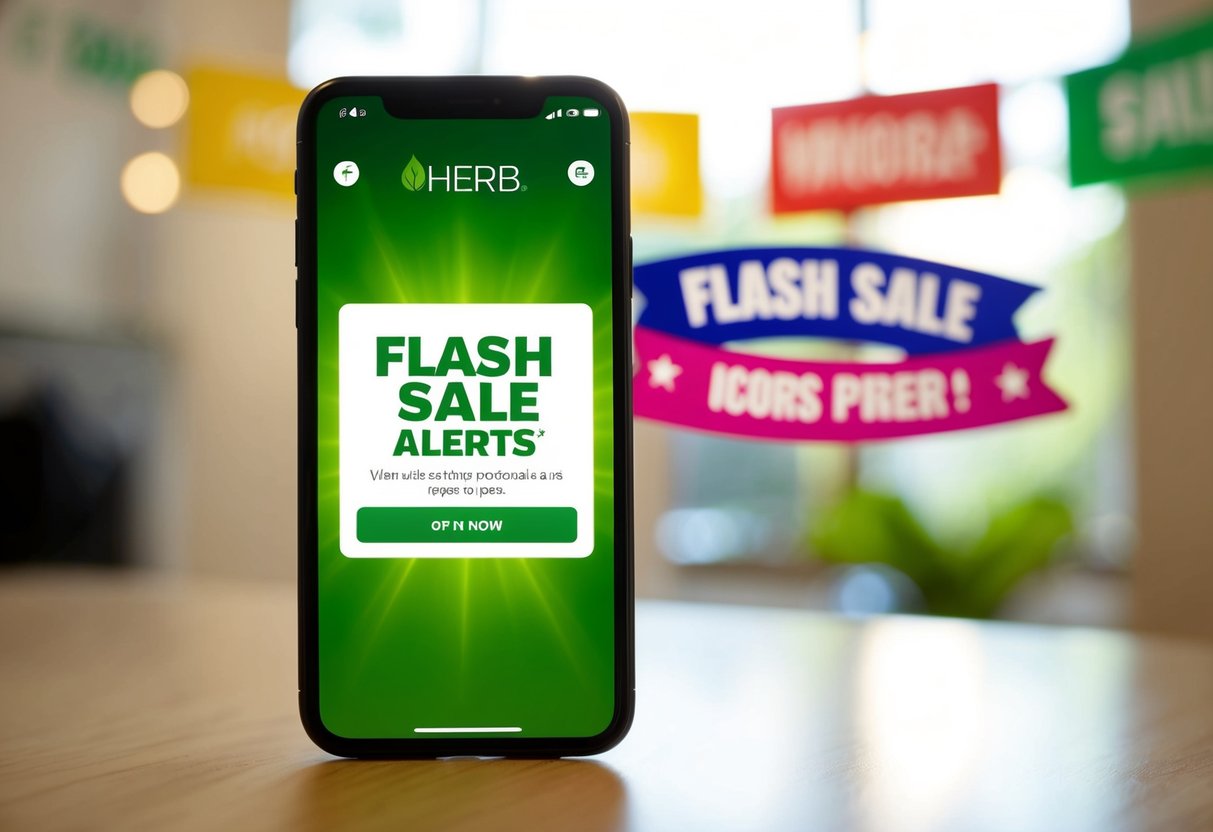 Bright phone screen with "Flash Sale Alerts" on iHerb app. Vibrant promotional banners and icons surround the alert