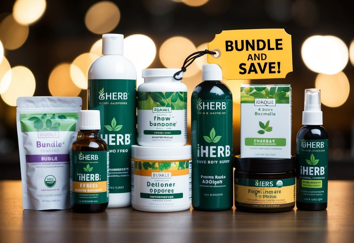 A variety of iHerb products bundled together with a "Bundle and Save" tag
