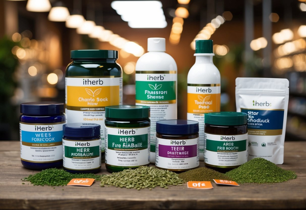 Various iHerb products displayed with discount tags