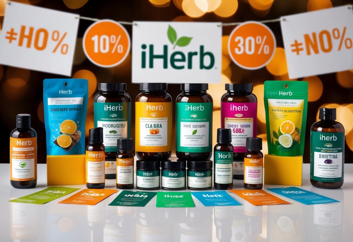 A colorful array of iHerb products displayed with promotional banners and discount tags