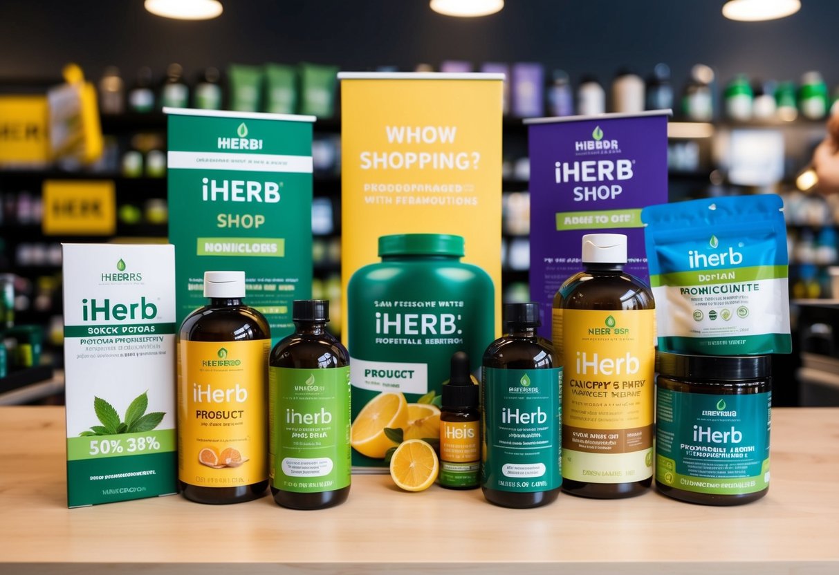 A vibrant display of iHerb products with promotional banners and discounts, showcasing the benefits of shopping with iHerb promotions