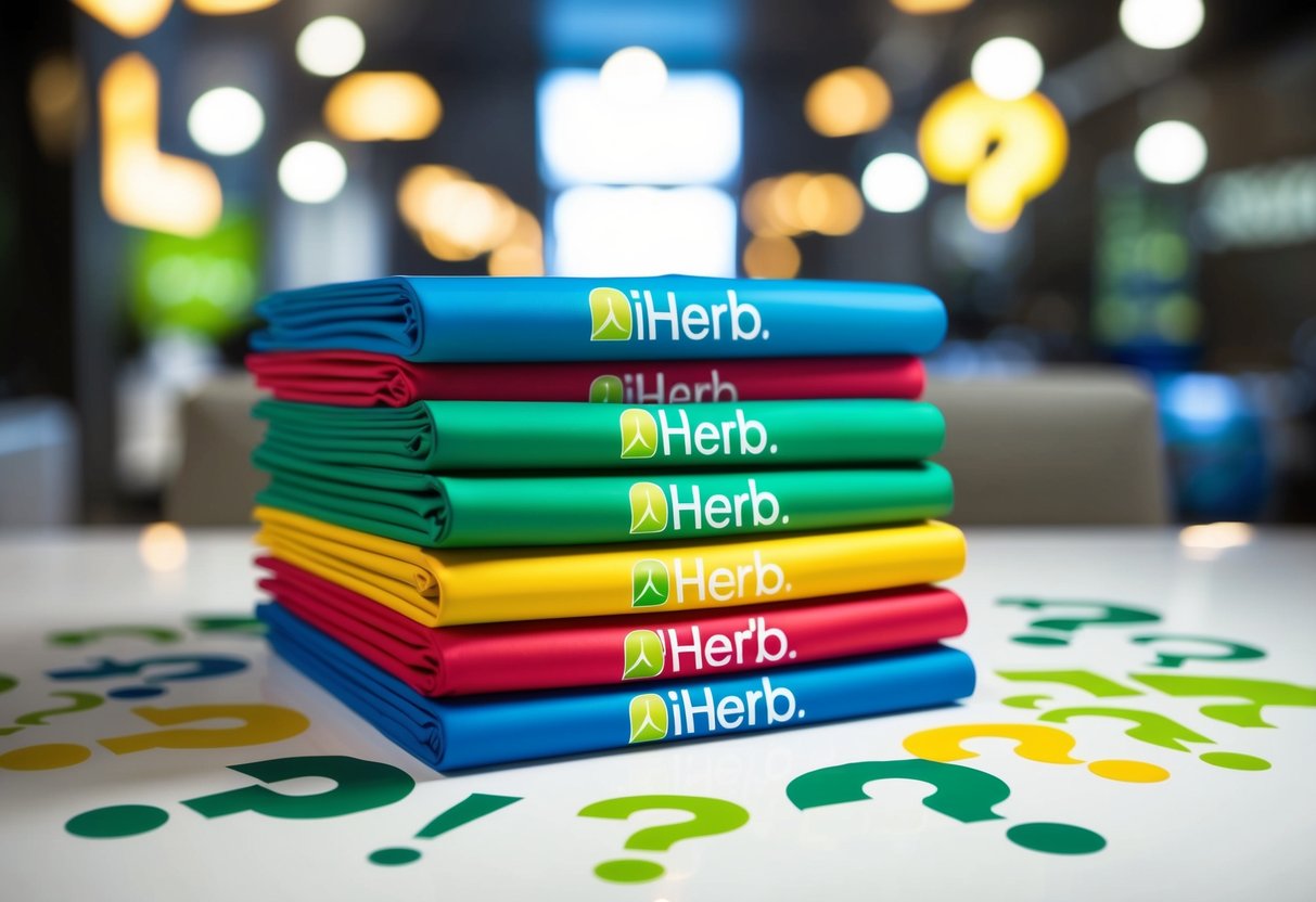 A stack of colorful promotional banners with the iHerb logo, surrounded by various question marks and exclamation points