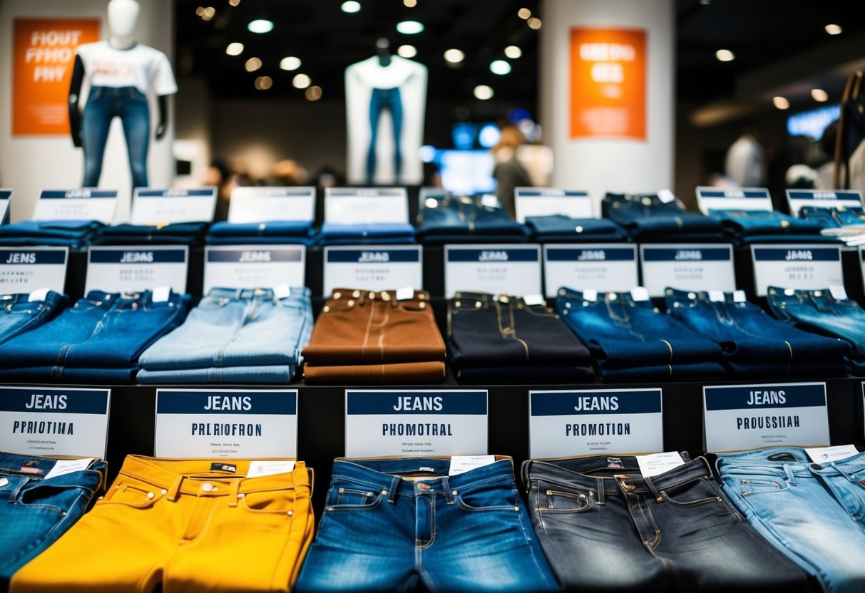 A display of various jeans in different colors and styles with promotional signs and banners around them