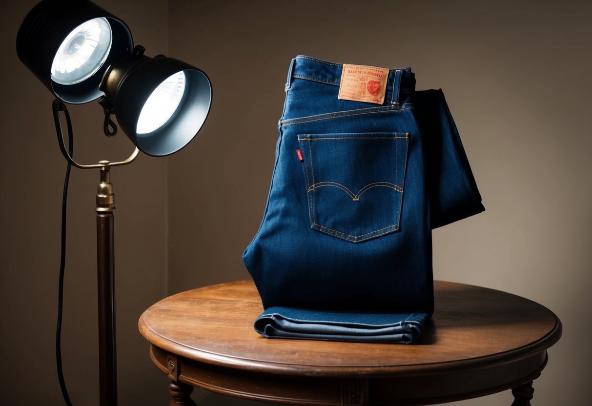 A pair of Levi's 501 Original Fit jeans displayed on a vintage wooden table with a spotlight highlighting the iconic red tab