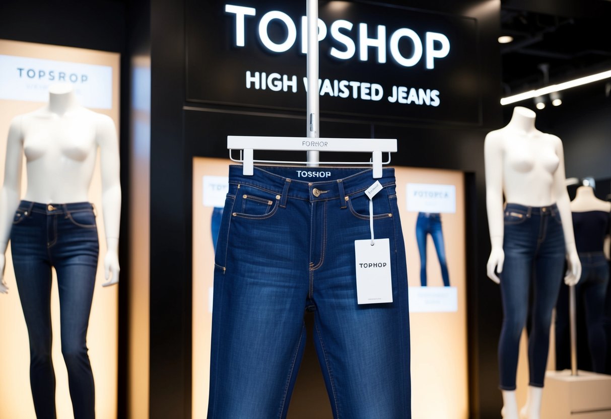 A display of Topshop Jamie High Waisted jeans with promotional signage and mannequins
