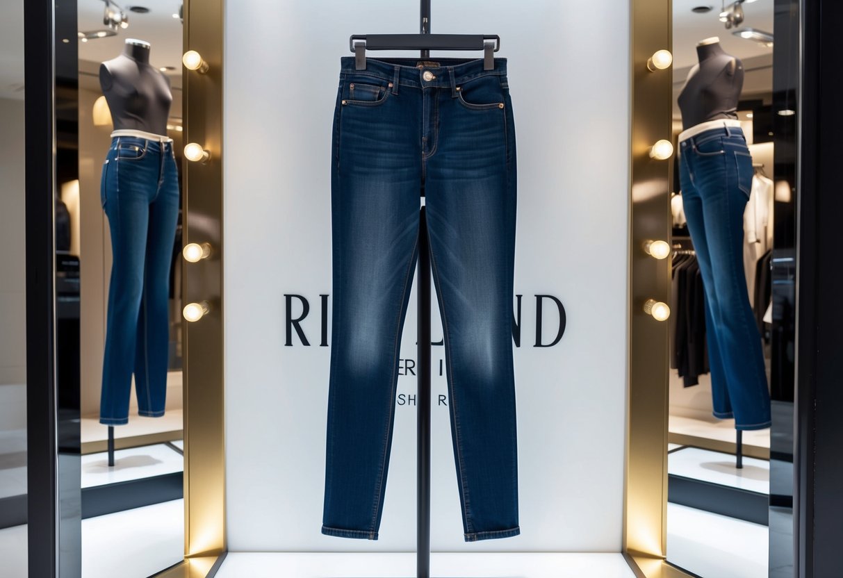 A pair of River Island High Rise Slim jeans displayed on a mannequin in a store window, surrounded by promotional signs and spotlights