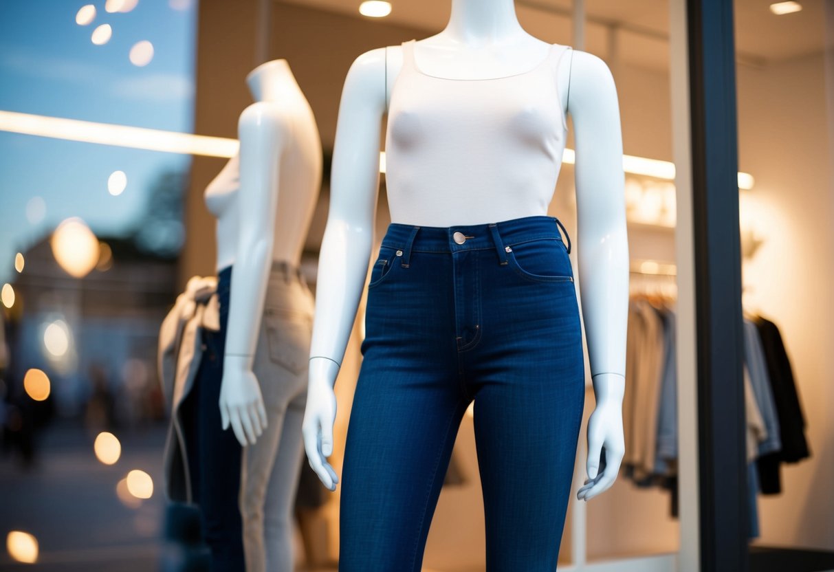 A pair of ASOS Farleigh High Waist Skinny jeans displayed on a mannequin in a brightly lit store window