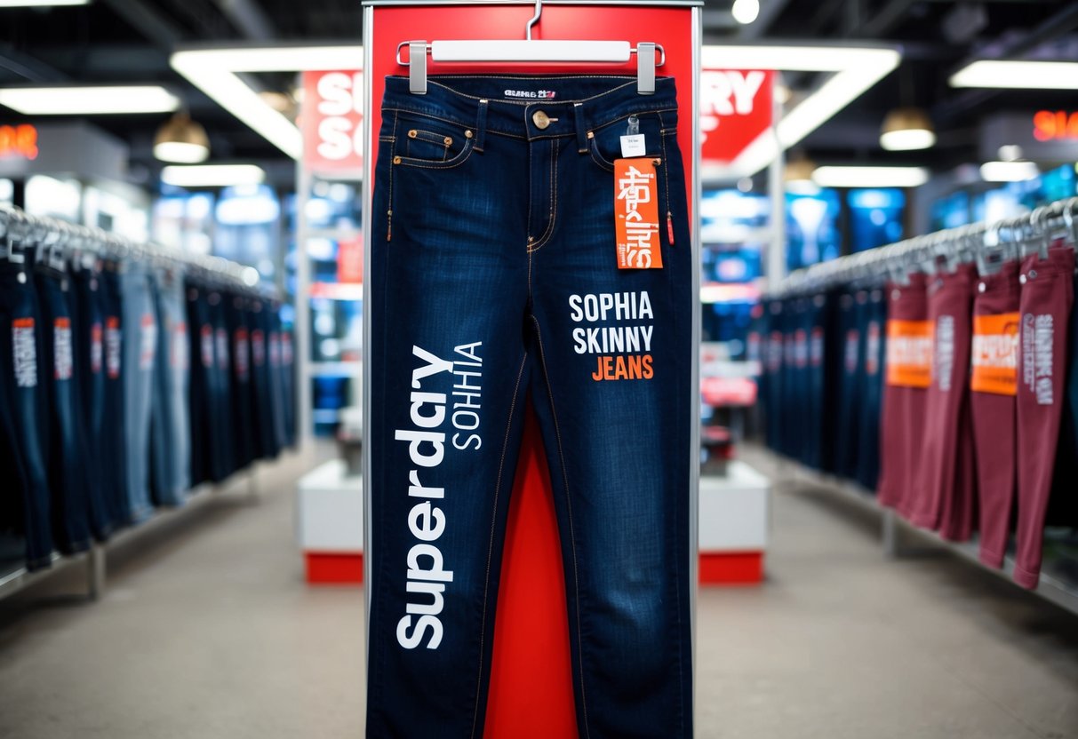 A display of Superdry Sophia Skinny jeans with promotional signage and branding