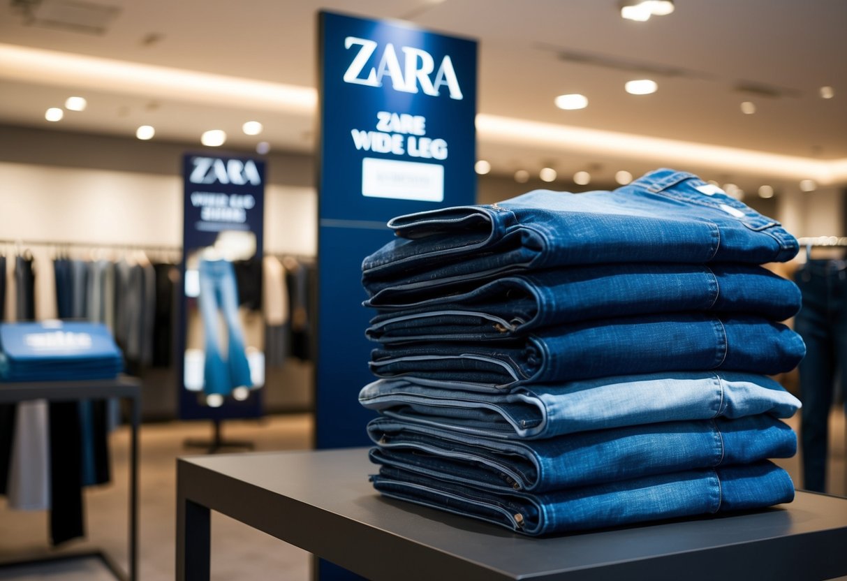 A stack of Zara Wide Leg Jeans displayed on a table with promotional signage