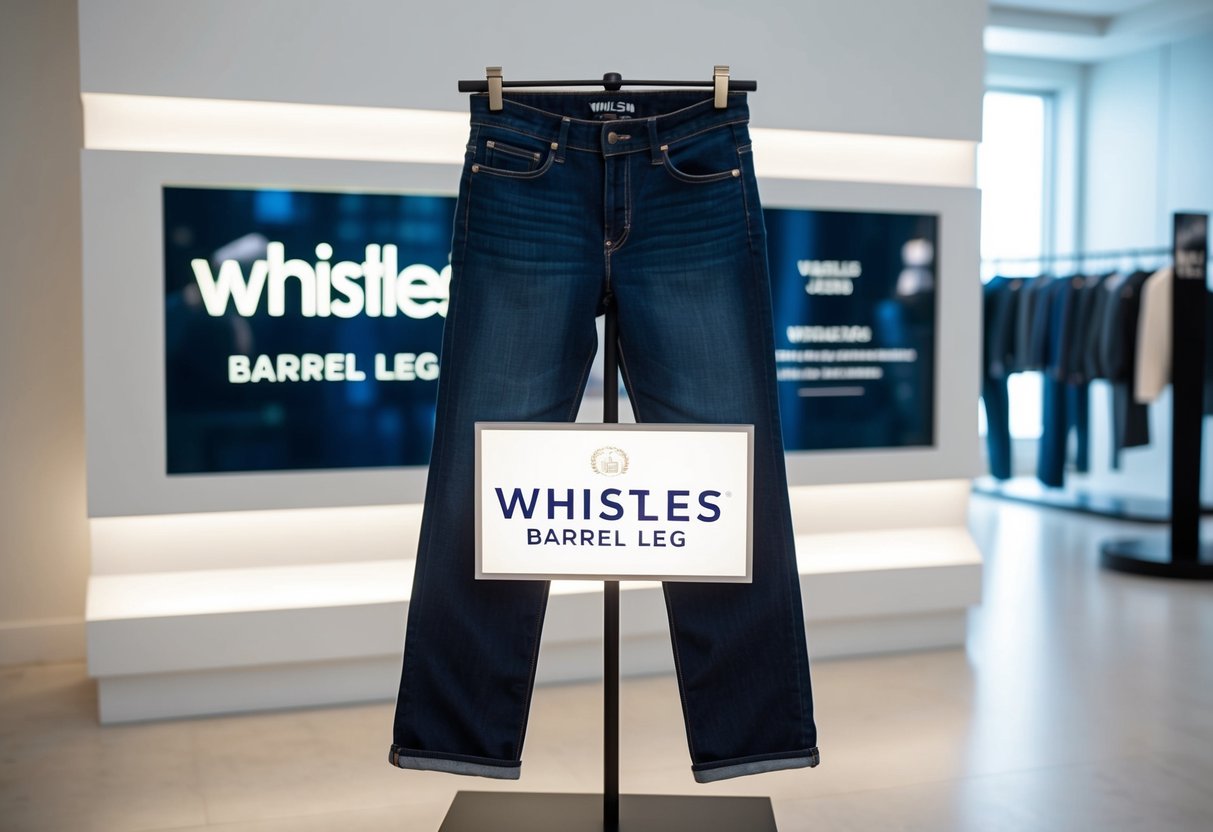 A pair of Whistles Barrel Leg Jeans displayed with promotional signage in a modern, minimalist setting