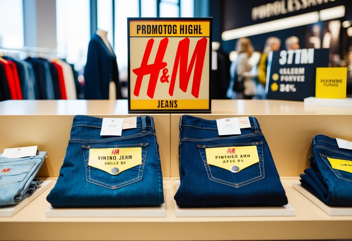 A display of H&M Vintage High Ankle jeans with promotional signage and stylish accessories