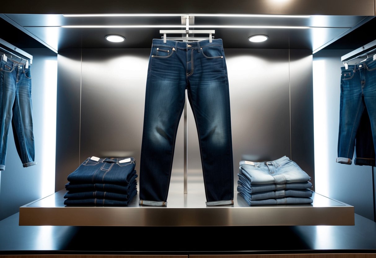 A pair of jeans displayed on a sleek, modern store shelf with a spotlight shining on them, surrounded by other denim clothing