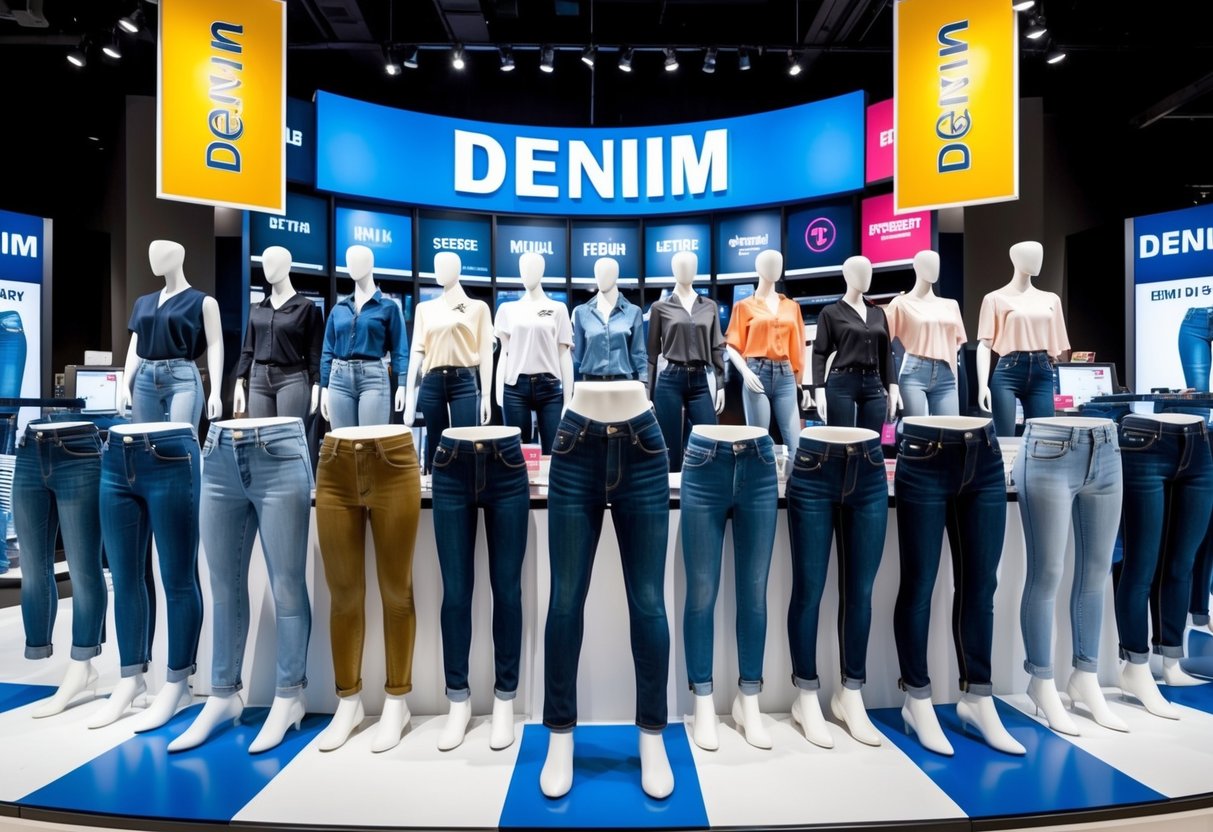 A large denim display with various jean styles and colors, surrounded by bright promotional signs and banners. Mannequins wearing the featured jeans are strategically placed throughout the display