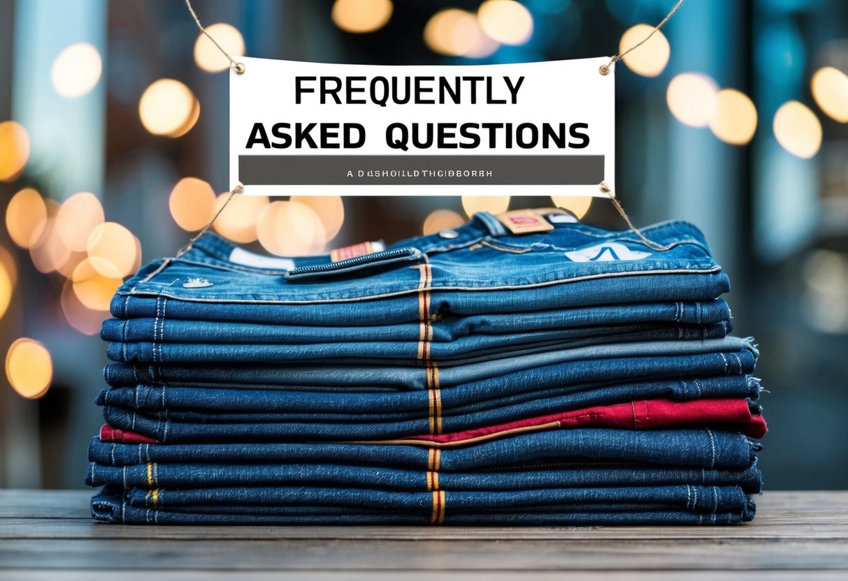 A stack of jeans with a "Frequently Asked Questions" banner above them