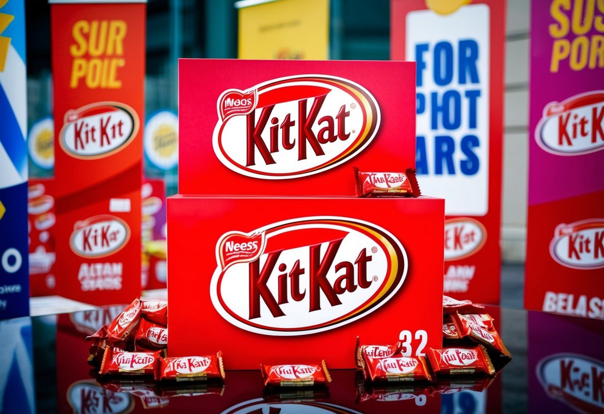 A colorful display of Kit Kat bars surrounded by promotional signage and banners