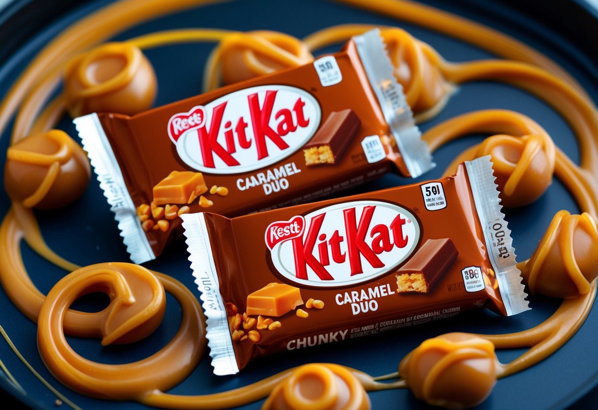 A close-up of two Kit Kat Chunky Caramel Duo bars surrounded by golden caramel swirls and a promotional display