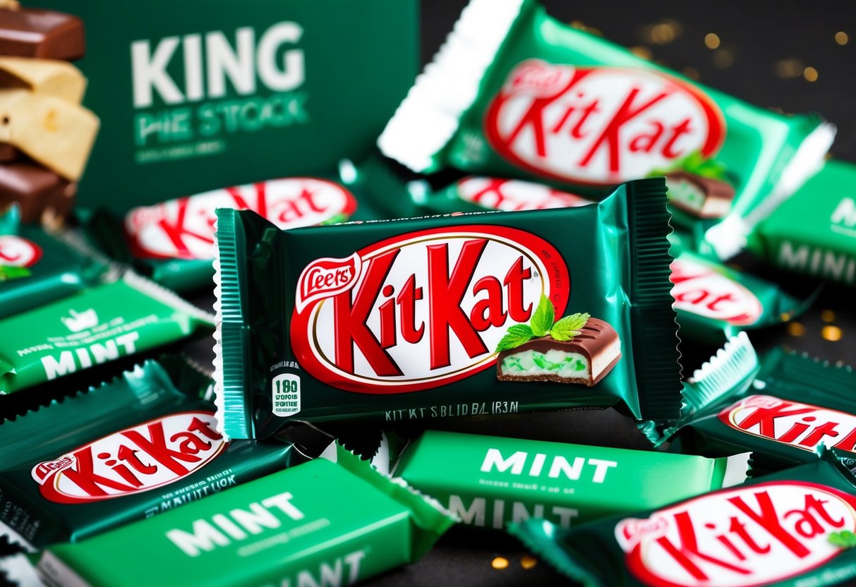 A close-up of a dark green Kit Kat bar with mint filling, surrounded by promotional materials and packaging