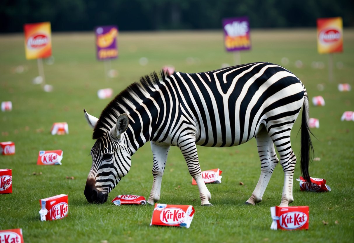 A zebra grazing in a field of Kit Kat wrappers and promotional signs