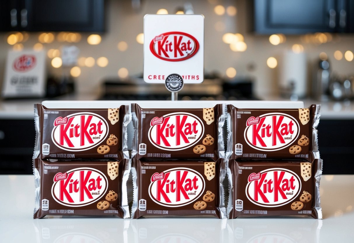 A display of Cookies & Cream Kit Kat bars arranged on a white countertop with a promotional sign and logo