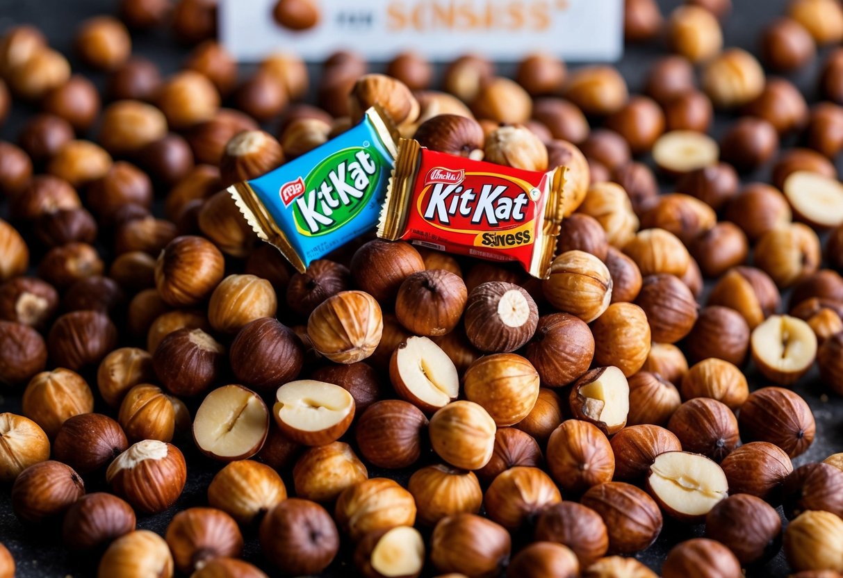A pile of hazelnuts surrounded by Kit Kat Senses bars, with a promotional banner overhead