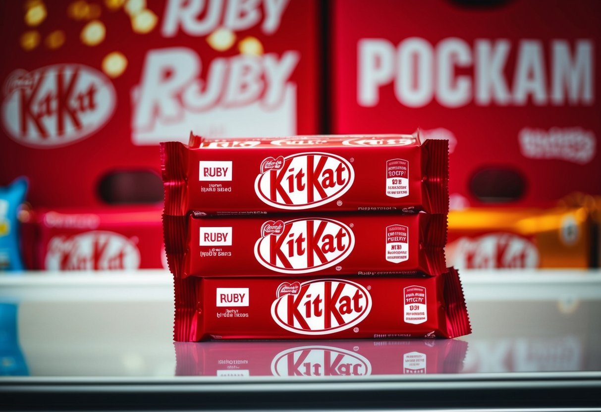 A stack of Ruby Kit Kat bars with promotional packaging on display