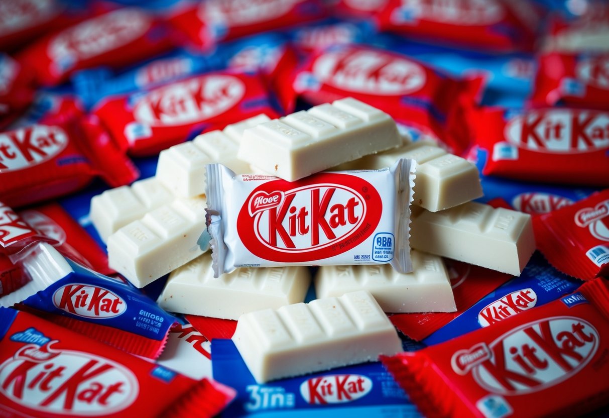 A pile of white Kit Kat bars surrounded by promotional materials