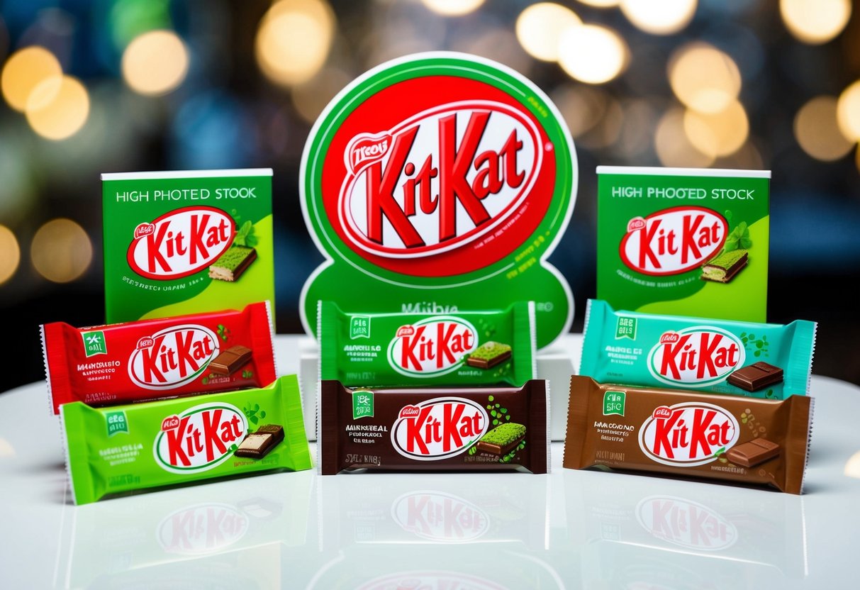 A table with various matcha-flavored Kit Kat bars displayed alongside promotional signage