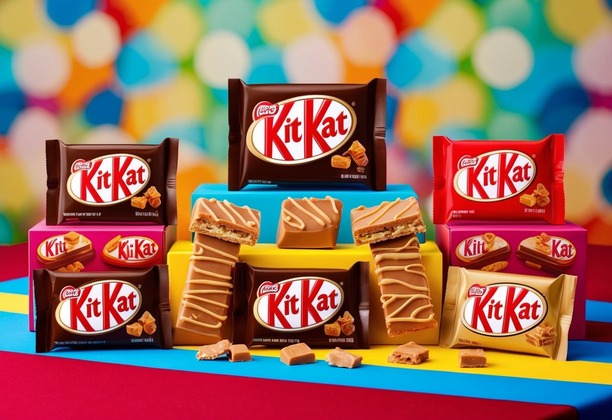 A Kit Kat Toffee Treat promotional display with various Kit Kat products and toffee pieces arranged on a colorful backdrop