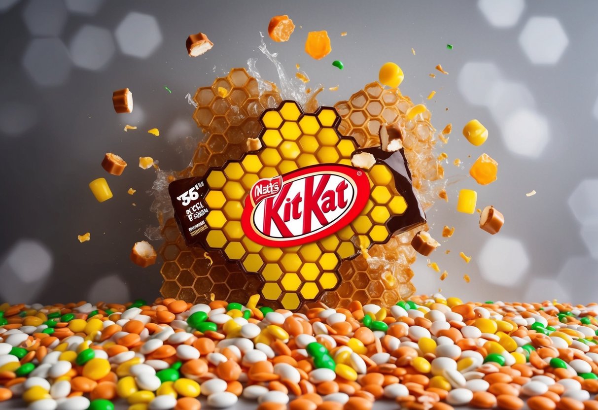 A Kit Kat Honeycomb Smash promotion with scattered candy pieces and a giant Kit Kat bar bursting through a honeycomb wall
