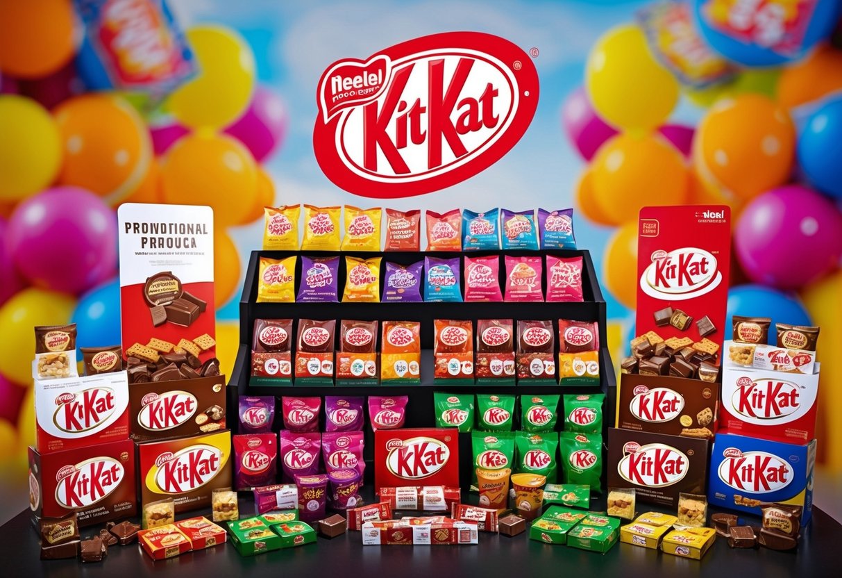 A colorful display of Kit Kat products arranged in a creative and eye-catching manner, surrounded by promotional materials and signage