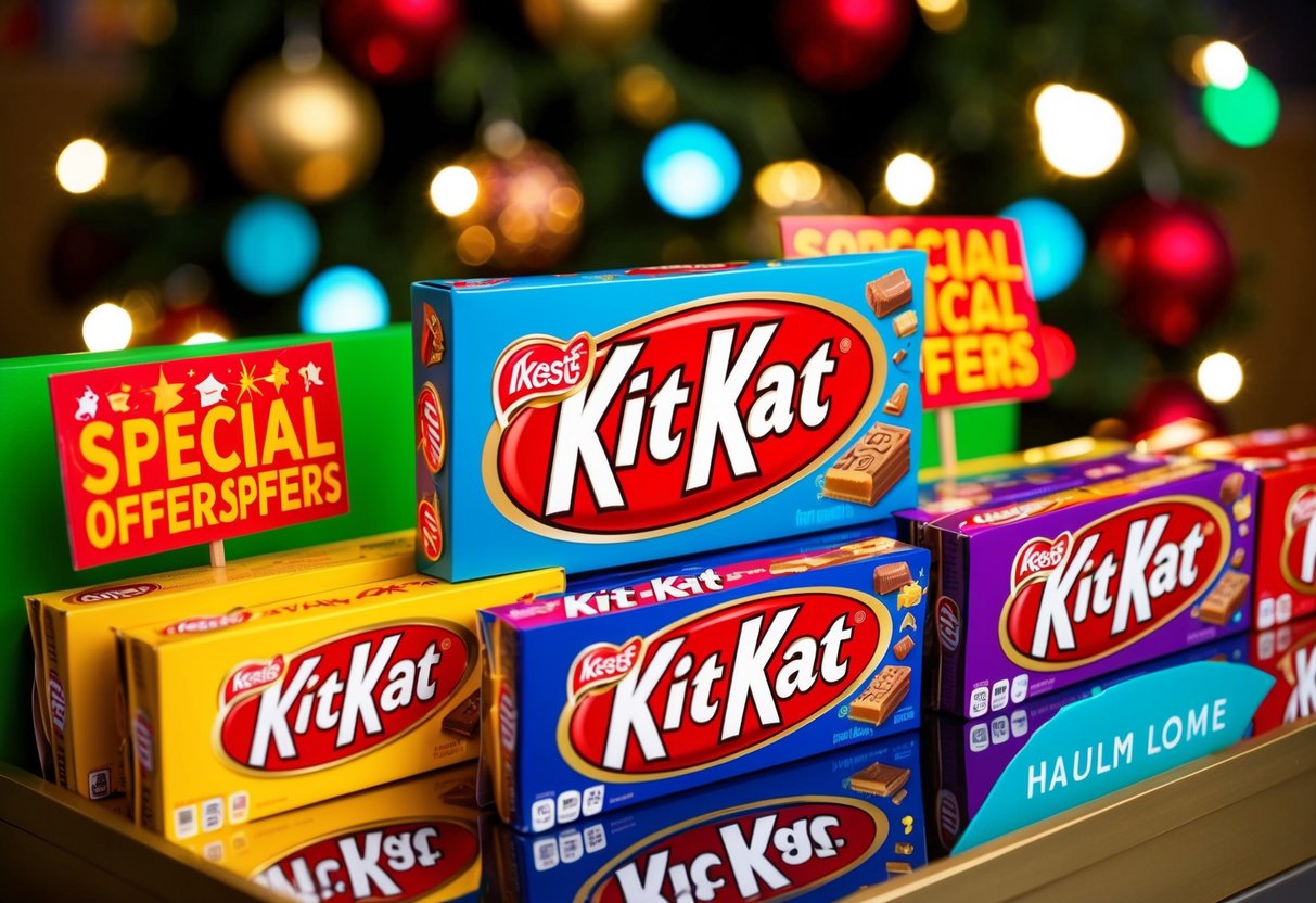A colorful display of Kit Kat bars with promotional signs and banners. Bright lights and festive decorations draw attention to the special offers