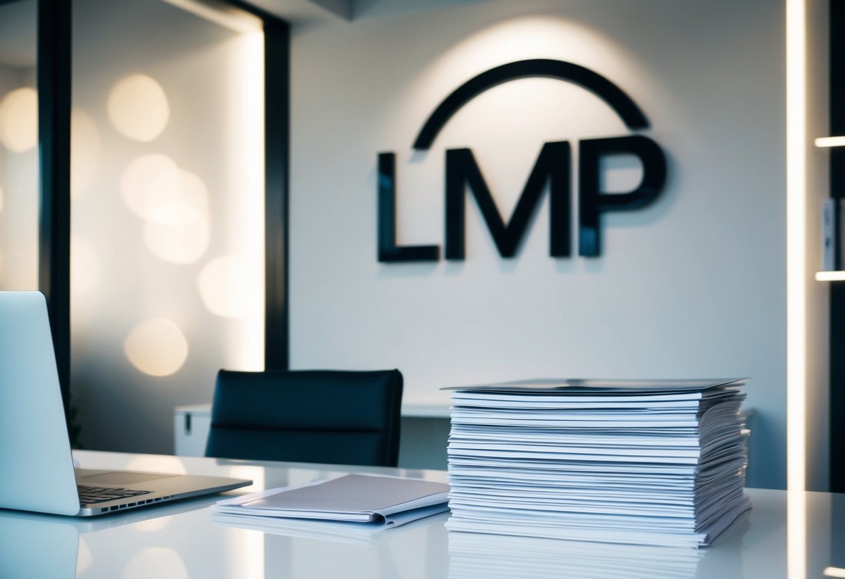 A sleek, modern office with a minimalist desk, a laptop, and a stack of promotional materials. A logo with the initials "LMP" is prominently displayed on the wall