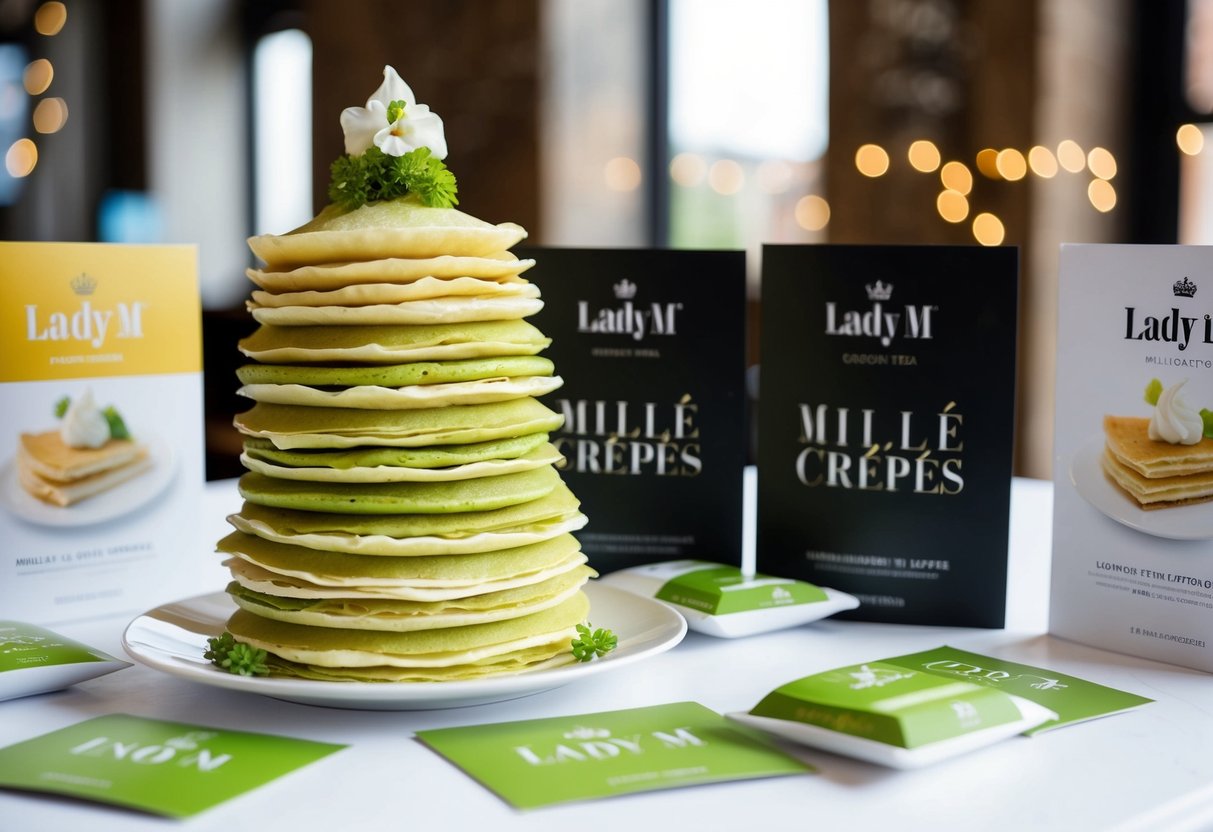 A table set with a tower of delicate green tea mille crêpes, surrounded by promotional materials for Lady M