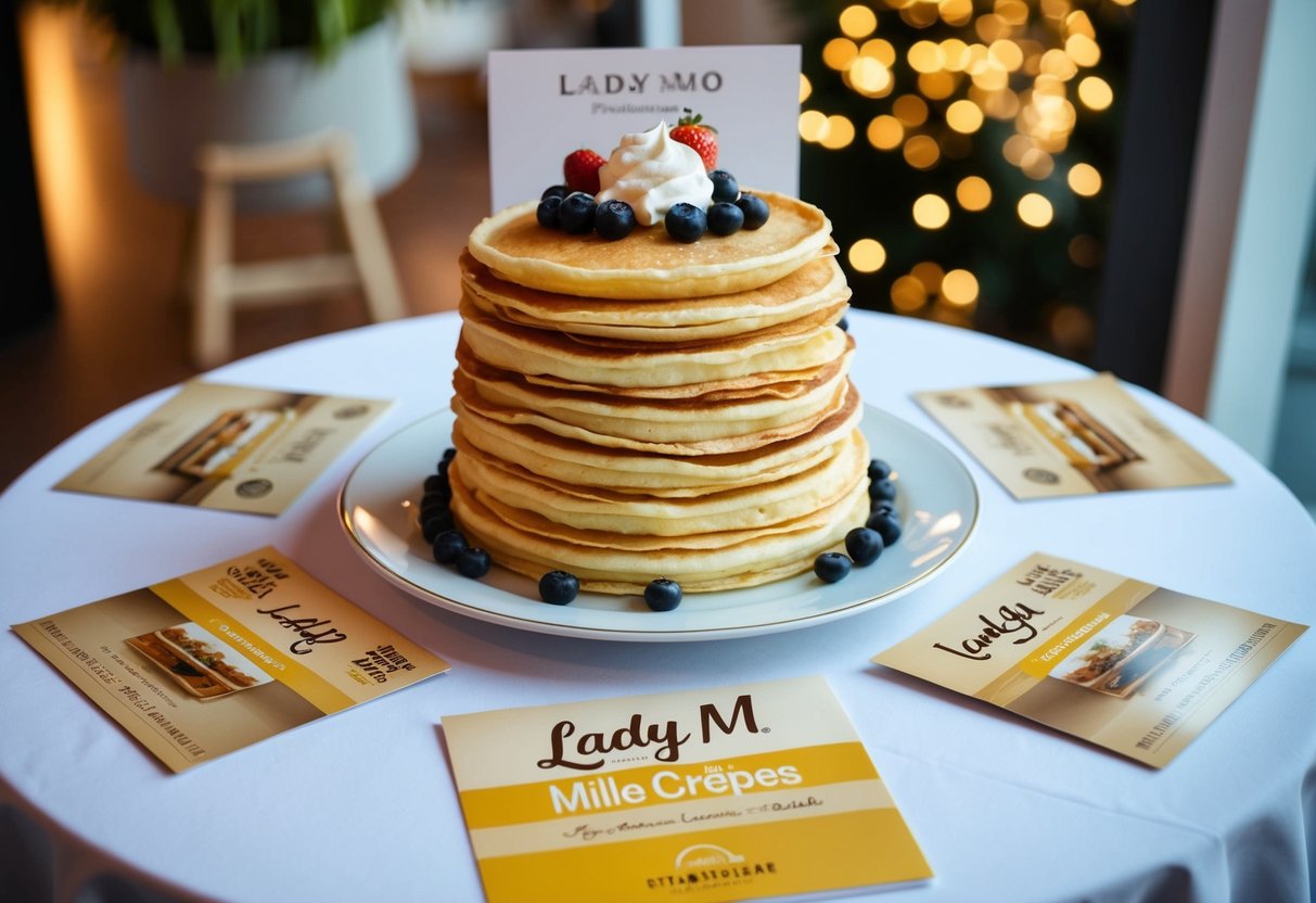 A table set with a tower of Lady M Signature Mille Crêpes surrounded by promotional materials