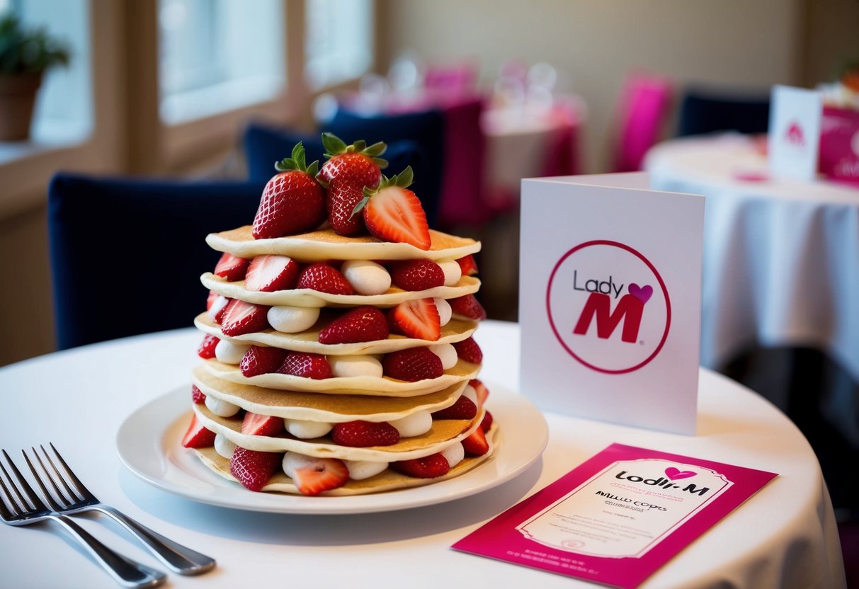 A table set with a tower of delicate strawberry mille crêpes, with a Lady M logo and promotional materials nearby