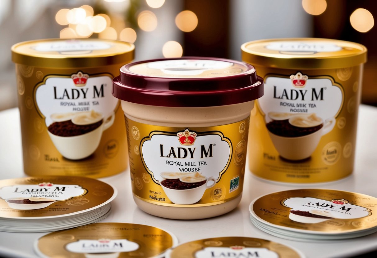A luxurious display of Lady M Royal Milk Tea Mousse surrounded by promotional materials