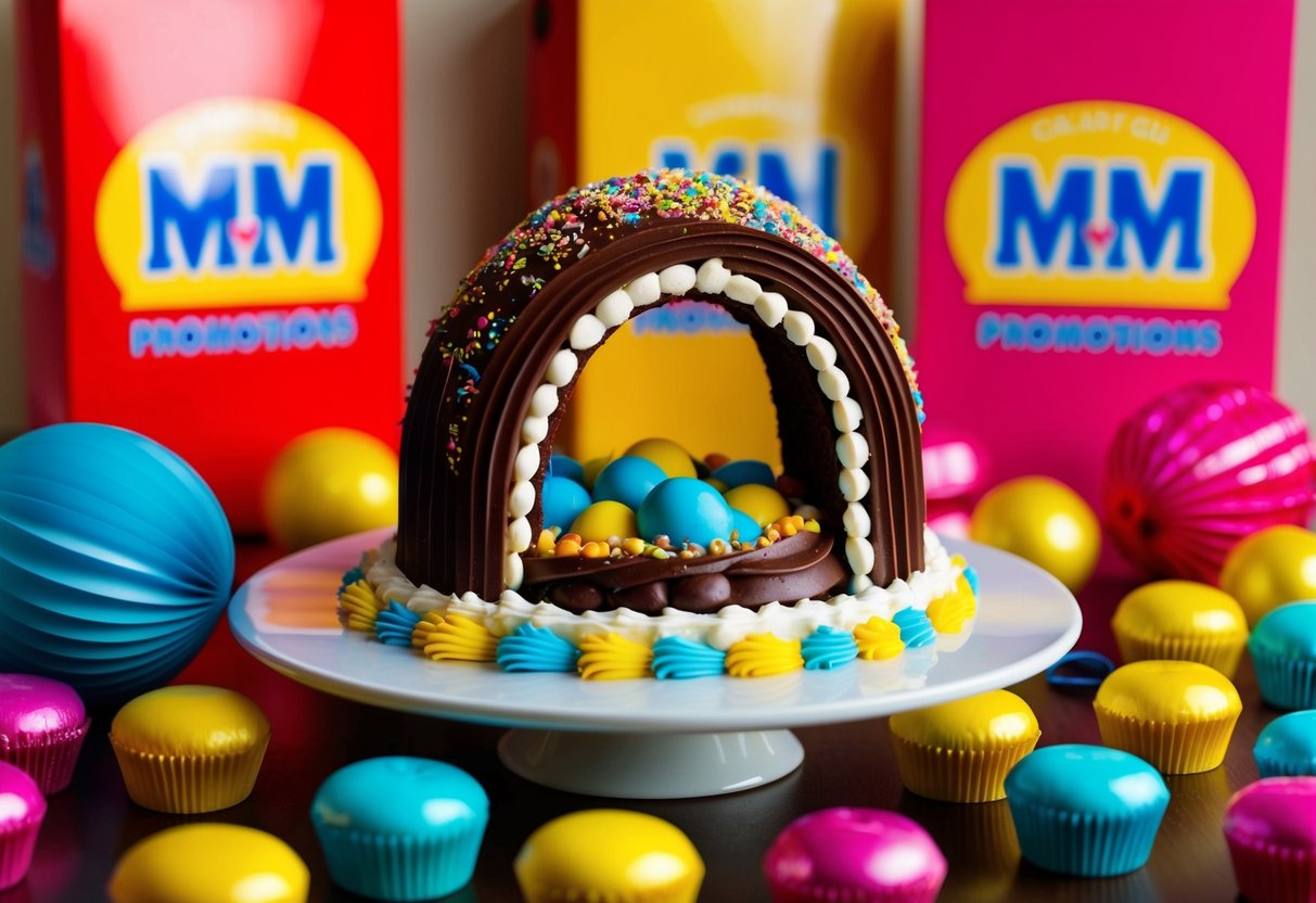 A colorful Chocolate Arc-en-Ciel cake surrounded by Lady M promotions