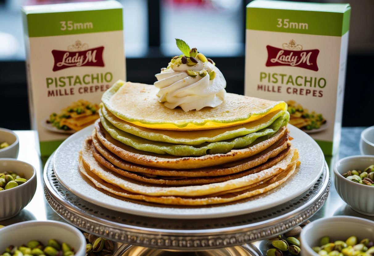 A decadent display of pistachio mille crêpes surrounded by Lady M promotions