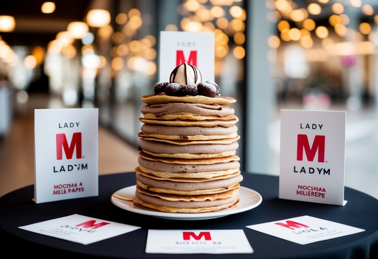A table set with a tower of Mocha Mille Crêpes, adorned with Lady M logos and promotional materials
