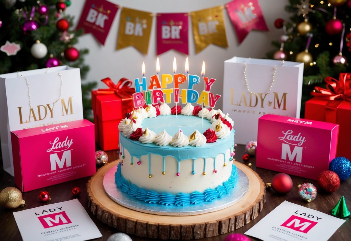 A beautifully decorated birthday cake surrounded by festive decorations and Lady M promotional materials