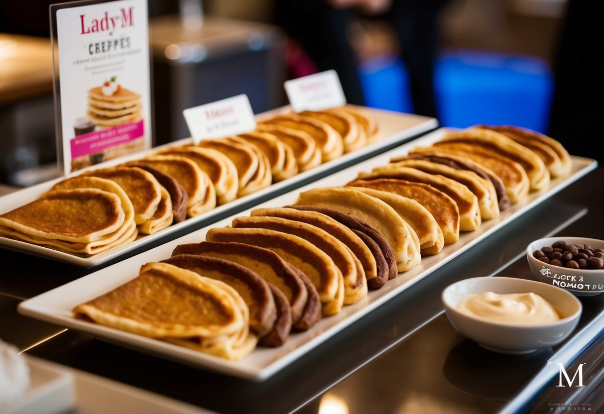 A decadent display of Marron Mille Crêpes with Lady M promotions