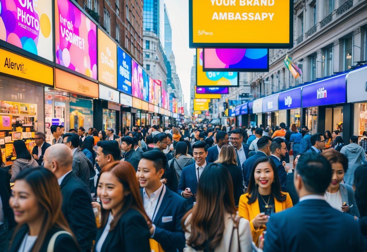 A bustling city street filled with vibrant, eye-catching promotional displays and lively interactions between customers and brand ambassadors