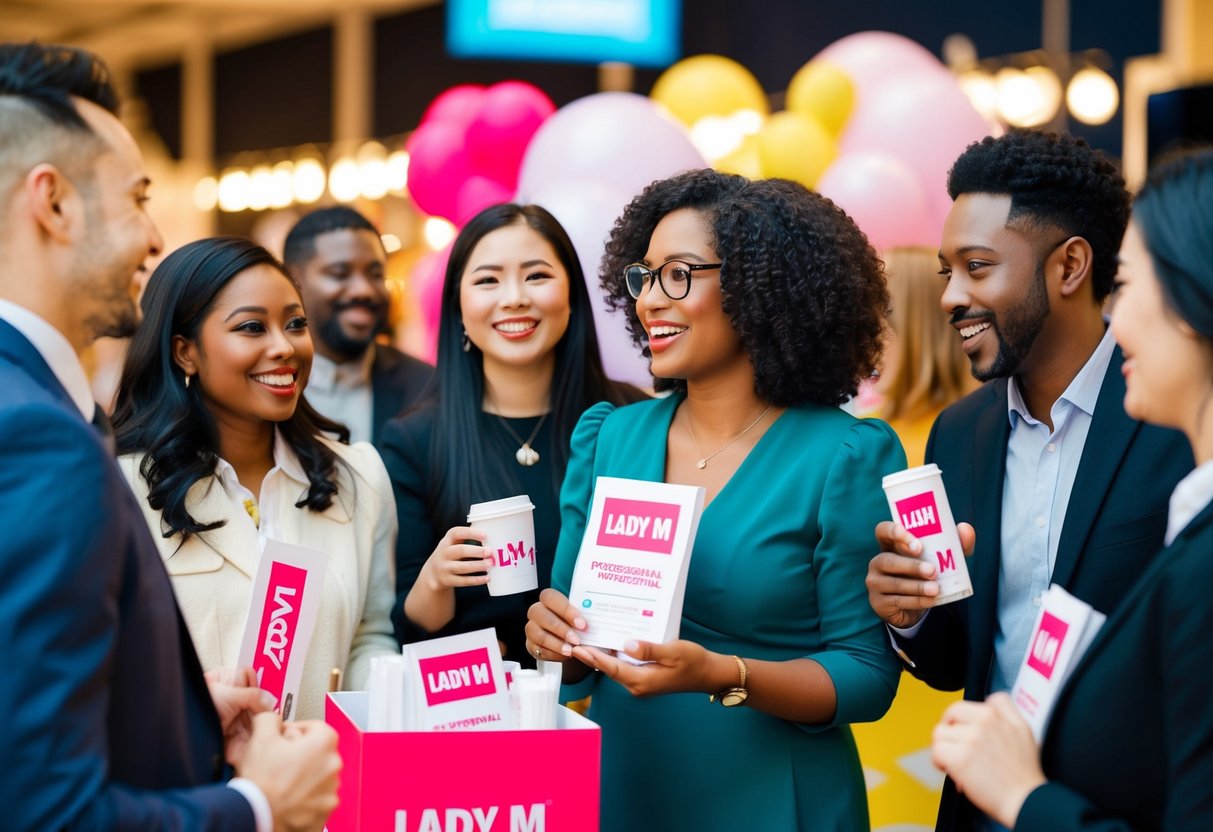 A group of diverse customers interacting with Lady M promotional materials at a lively event
