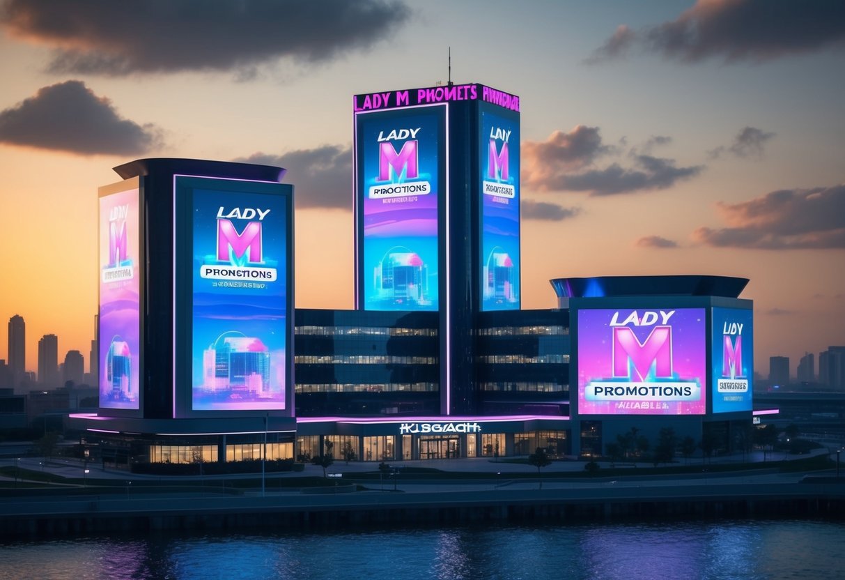 A sleek, futuristic cityscape with holographic billboards and neon lights illuminating the Lady M Promotions headquarters