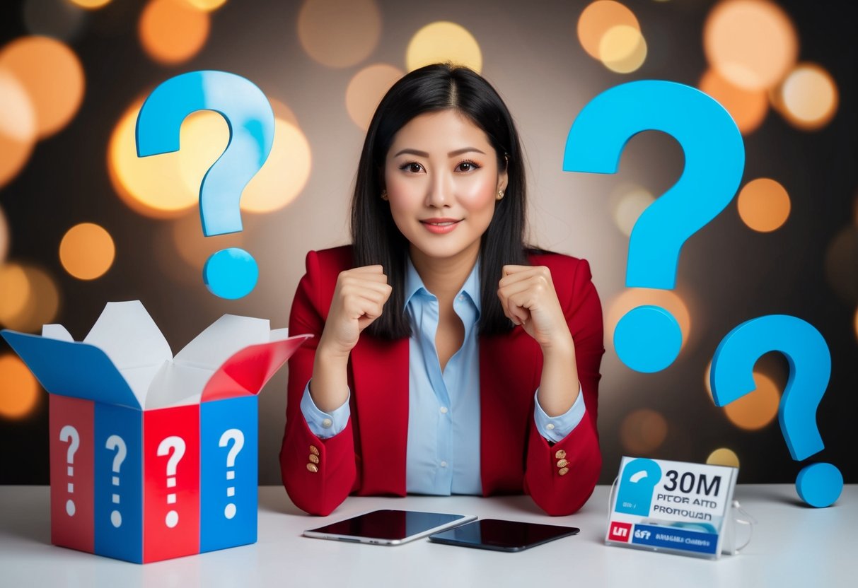 A woman surrounded by question marks and promotional items